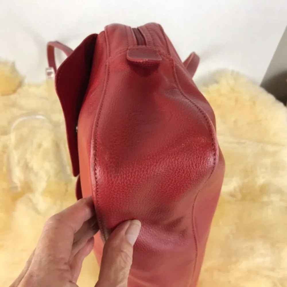 longchamps red pebbled leather satchel bag